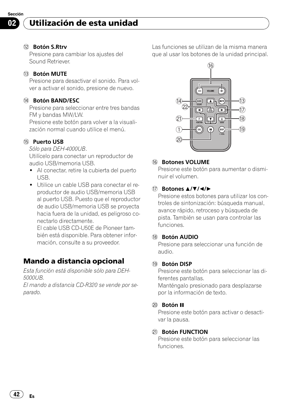 Mando a distancia opcional 42, Utilización de esta unidad, Mando a distancia opcional | Pioneer DEH-4000UB User Manual | Page 42 / 73