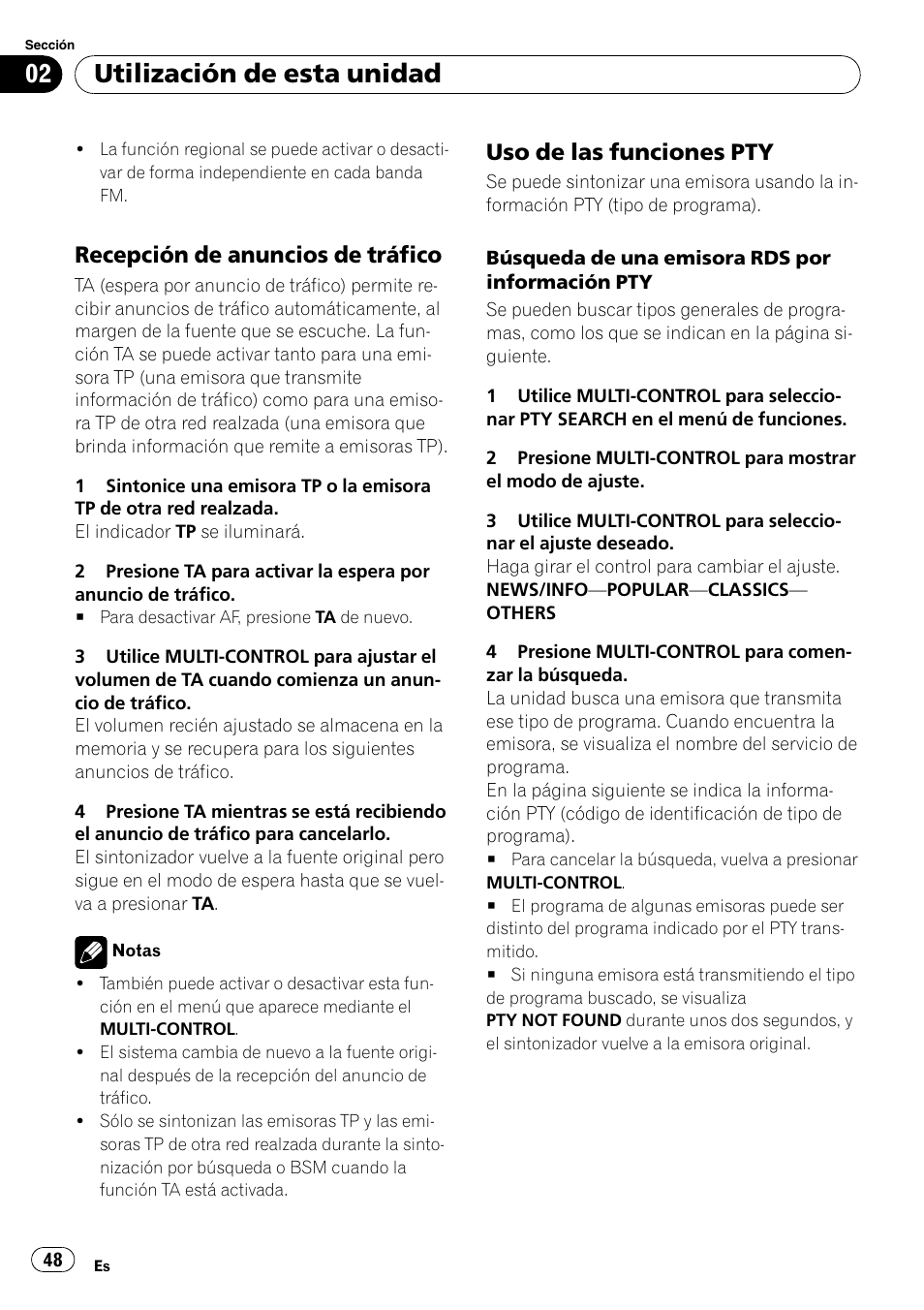 Recepción de anuncios de tráfico 48, Uso de las funciones pty 48, Utilización de esta unidad | Recepción de anuncios de tráfico, Uso de las funciones pty | Pioneer DEH-4000UB User Manual | Page 48 / 73
