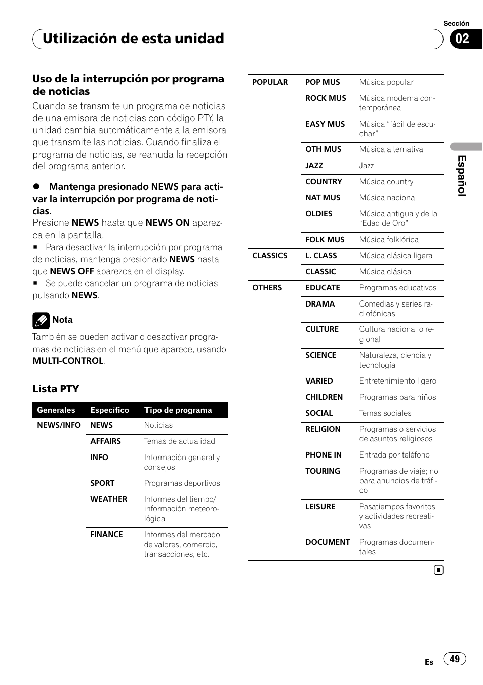 Utilización de esta unidad, Español, Uso de la interrupción por programa de noticias | Lista pty | Pioneer DEH-4000UB User Manual | Page 49 / 73