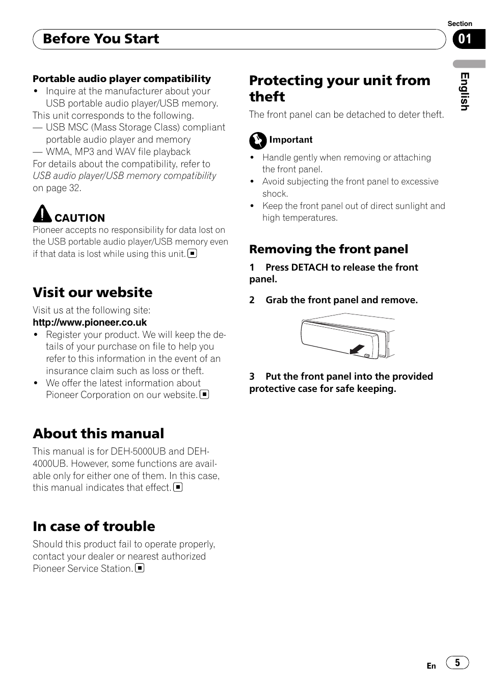 Visit our website, About this manual, In case of trouble | Protecting your unit from theft, Removing the front panel 5, Before you start | Pioneer DEH-4000UB User Manual | Page 5 / 73