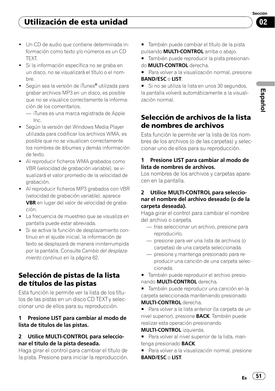 Selección de pistas de la lista de títulos, De las pistas, Selección de archivos de la lista de | Nombres de archivos, Utilización de esta unidad | Pioneer DEH-4000UB User Manual | Page 51 / 73