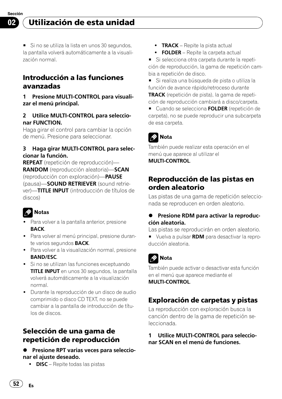 Introducción a las funciones, Avanzadas, Selección de una gama de repetición | De reproducción, Reproducción de las pistas en orden, Aleatorio, Exploración de carpetas y pistas 52, Utilización de esta unidad, Introducción a las funciones avanzadas, Reproducción de las pistas en orden aleatorio | Pioneer DEH-4000UB User Manual | Page 52 / 73