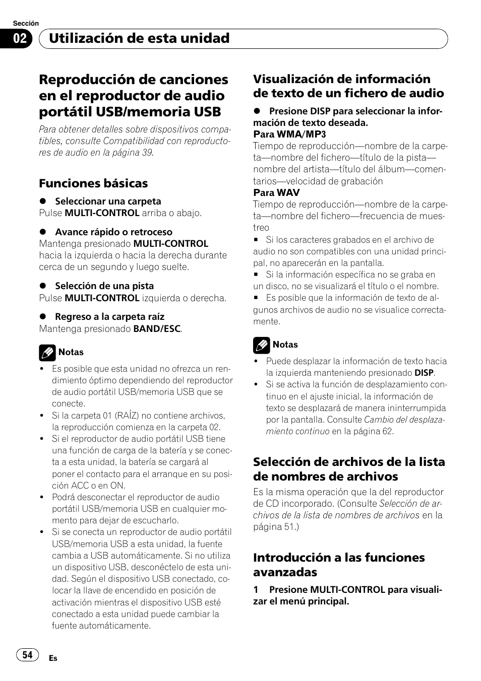 Reproducción de canciones en el, Reproductor de audio portátil usb/ memoria usb, Funciones básicas 54 | Visualización de información de texto, De un fichero de audio, Selección de archivos de la lista de, Nombres de archivos, Introducción a las funciones, Avanzadas, Utilización de esta unidad | Pioneer DEH-4000UB User Manual | Page 54 / 73