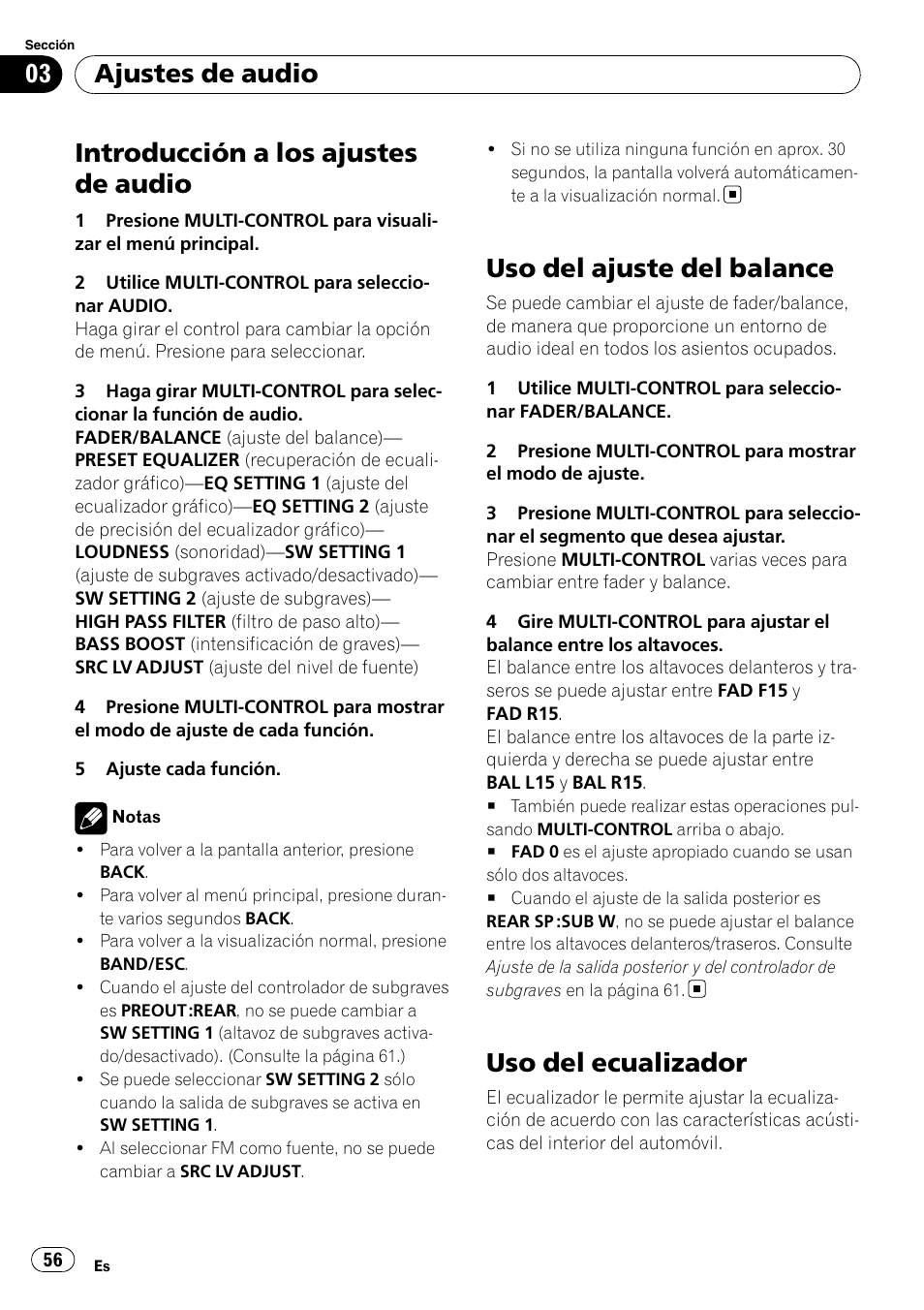 Uso del ajuste del balance, Uso del ecualizador, Introducción a los ajustes de audio | Ajustes de audio | Pioneer DEH-4000UB User Manual | Page 56 / 73