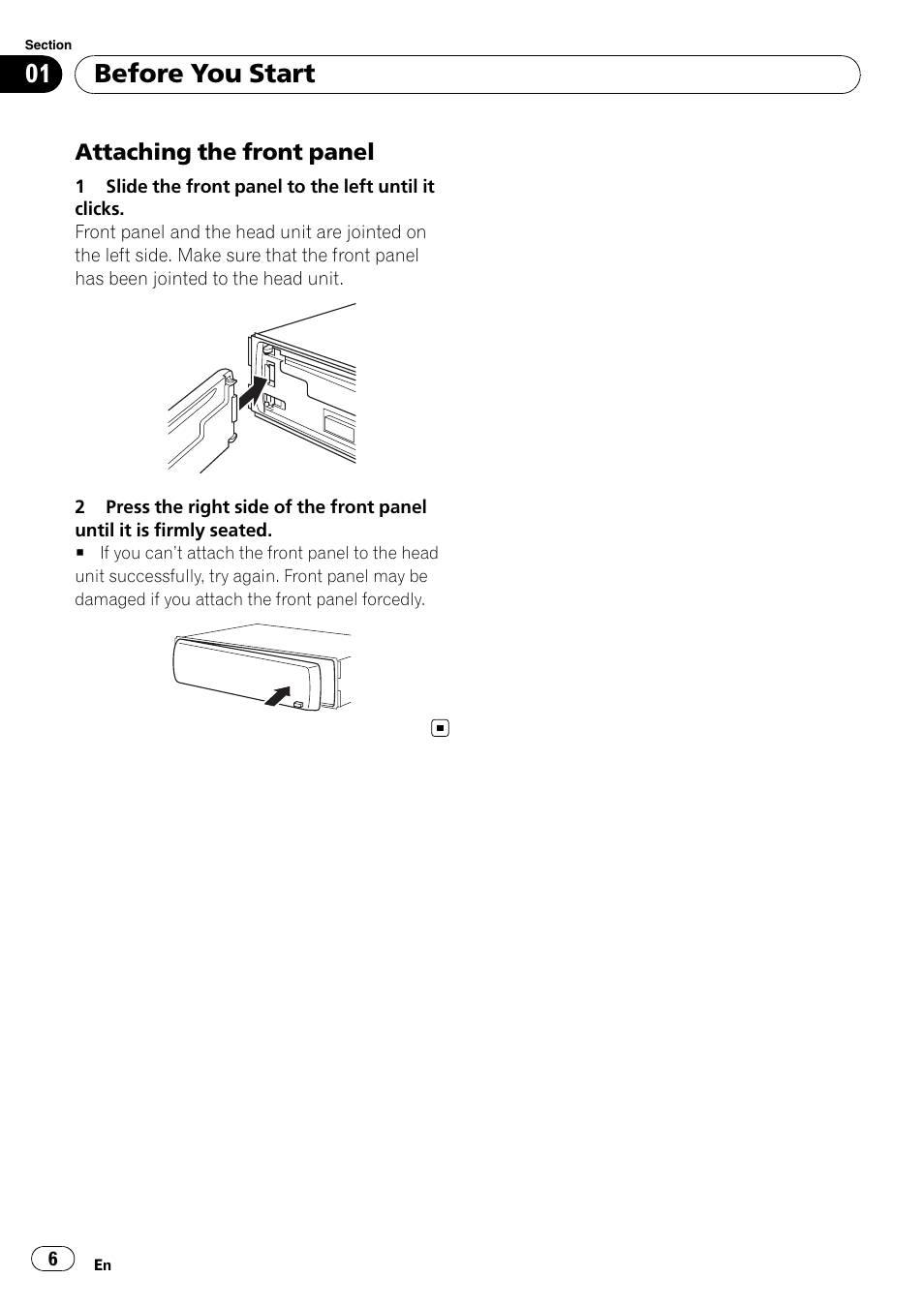 Attaching the front panel 6, Before you start | Pioneer DEH-4000UB User Manual | Page 6 / 73