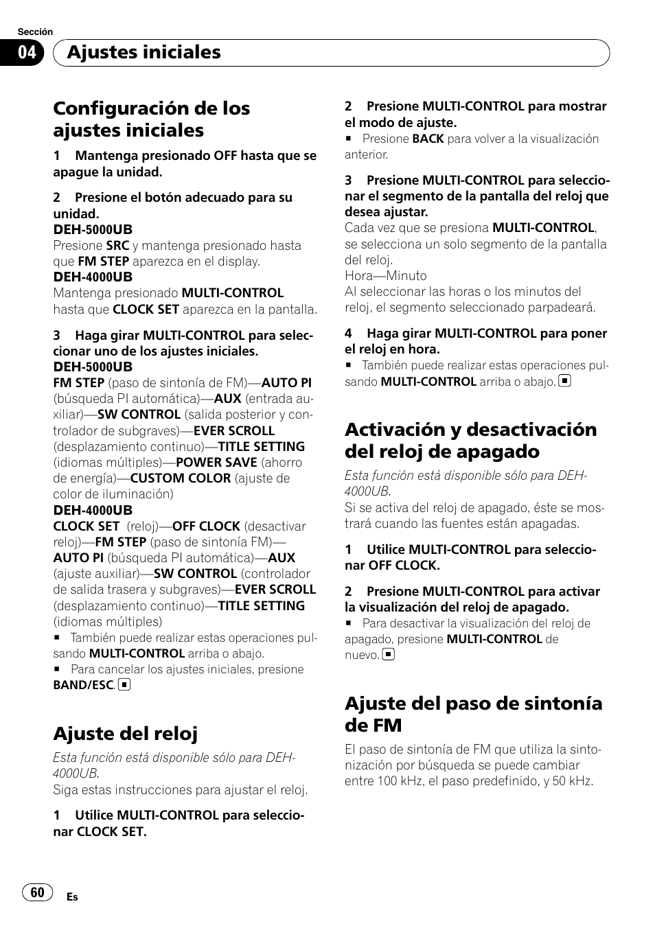 Ajuste del reloj, Activación y desactivación del reloj de, Apagado | Ajuste del paso de sintonía de fm, Configuración de los ajustes iniciales, Activación y desactivación del reloj de apagado, Ajustes iniciales | Pioneer DEH-4000UB User Manual | Page 60 / 73