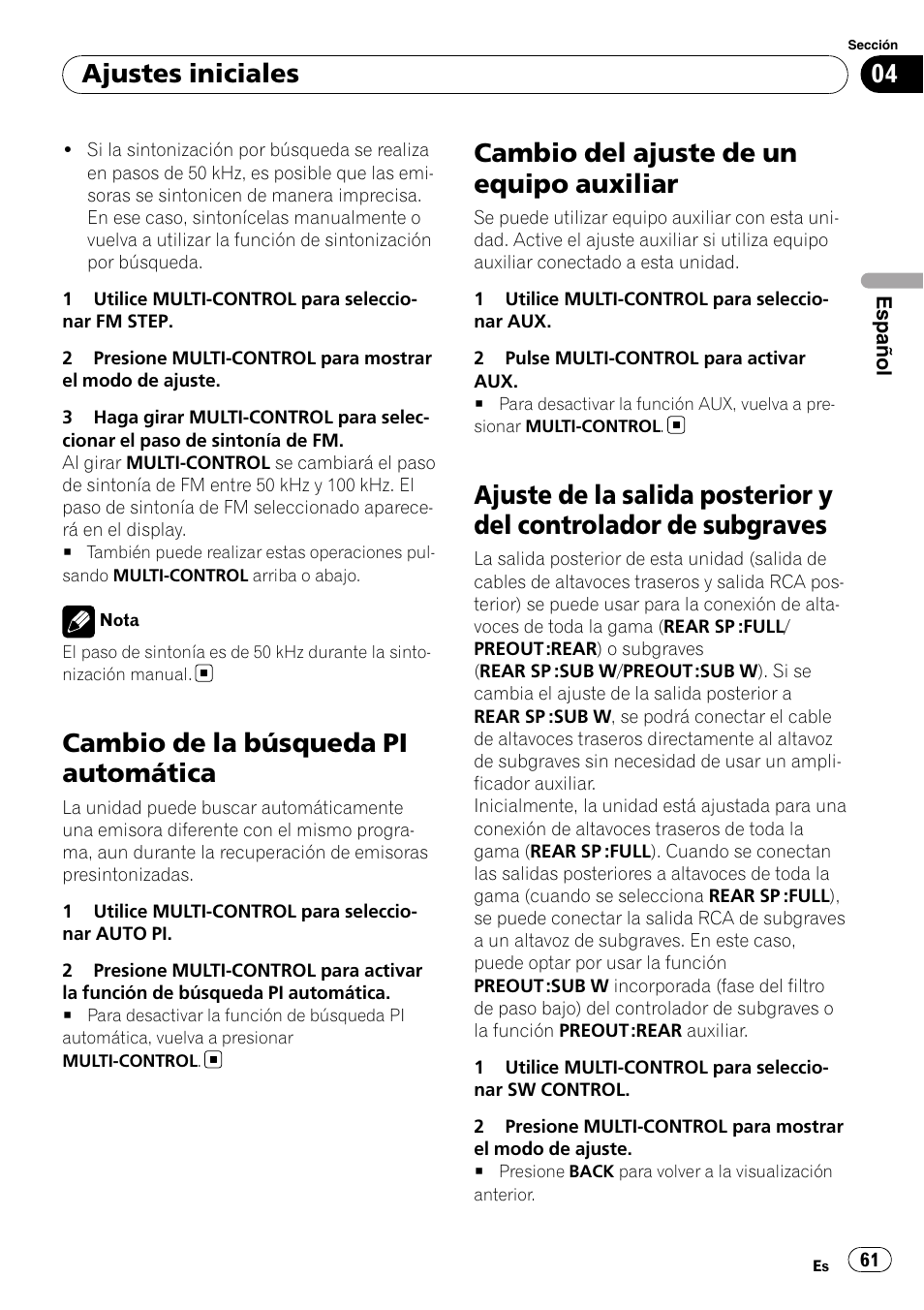 Cambio de la búsqueda pi automática, Cambio del ajuste de un equipo auxiliar, Ajuste de la salida posterior y del controlador | De subgraves, Ajustes iniciales | Pioneer DEH-4000UB User Manual | Page 61 / 73