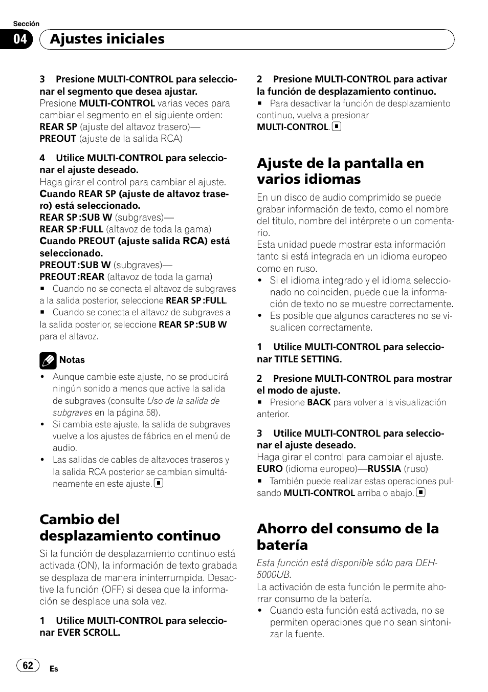 Cambio del desplazamiento continuo, Ajuste de la pantalla en varios idiomas, Ahorro del consumo de la batería | Ajustes iniciales | Pioneer DEH-4000UB User Manual | Page 62 / 73