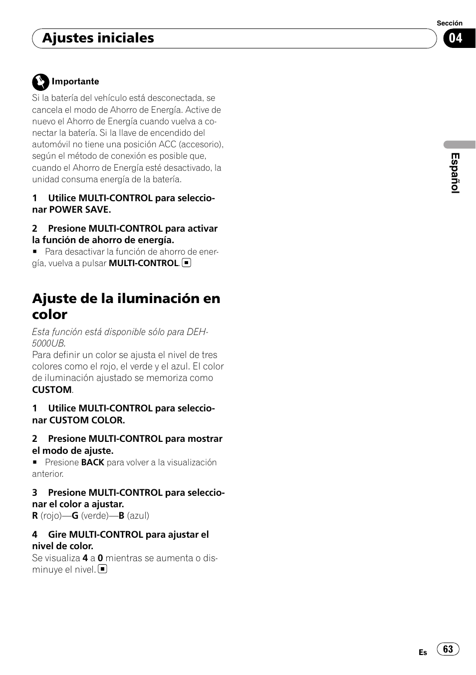 Ajuste de la iluminación en color, Ajustes iniciales | Pioneer DEH-4000UB User Manual | Page 63 / 73