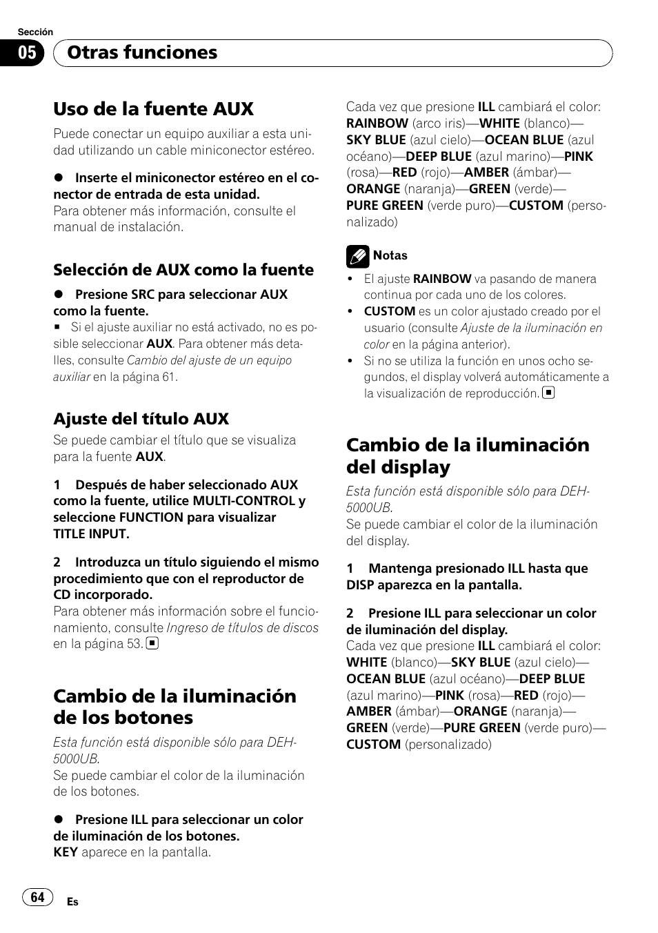 Otras funciones uso de la fuente aux, Selección de aux como la fuente 64, Ajuste del título aux 64 | Cambio de la iluminación de los, Botones, Cambio de la iluminación del display, Uso de la fuente aux, Cambio de la iluminación de los botones, Otras funciones, Selección de aux como la fuente | Pioneer DEH-4000UB User Manual | Page 64 / 73