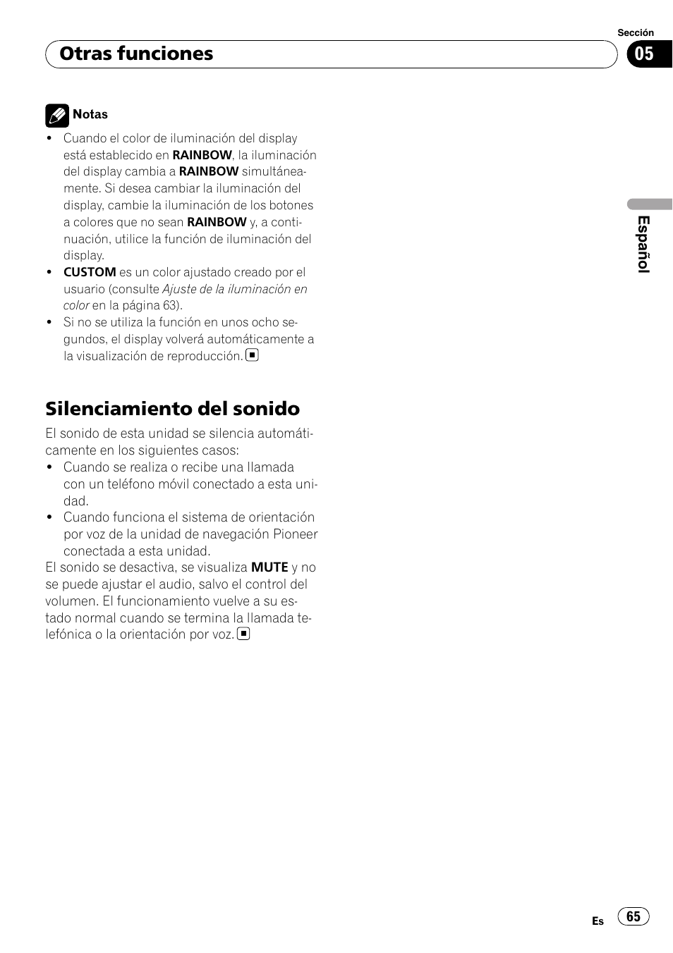 Silenciamiento del sonido, Otras funciones | Pioneer DEH-4000UB User Manual | Page 65 / 73