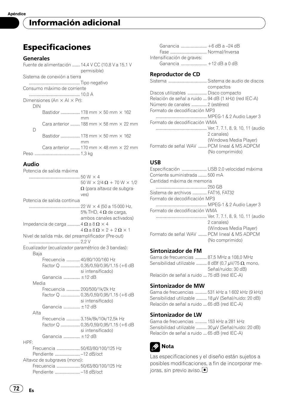Especificaciones, Información adicional | Pioneer DEH-4000UB User Manual | Page 72 / 73
