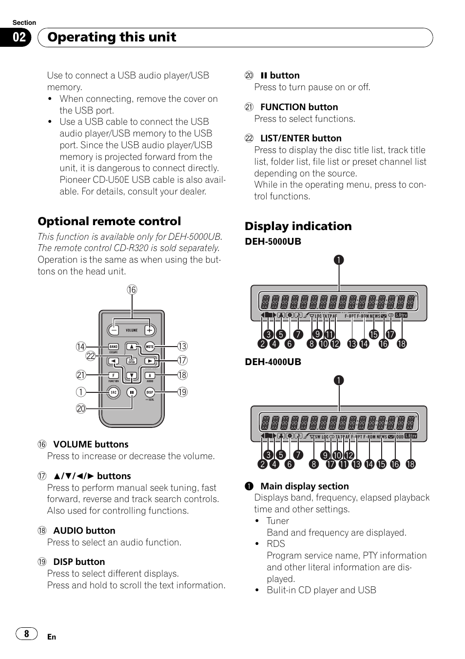 Optional remote control 8, Display indication 8, Operating this unit | Optional remote control, Display indication | Pioneer DEH-4000UB User Manual | Page 8 / 73