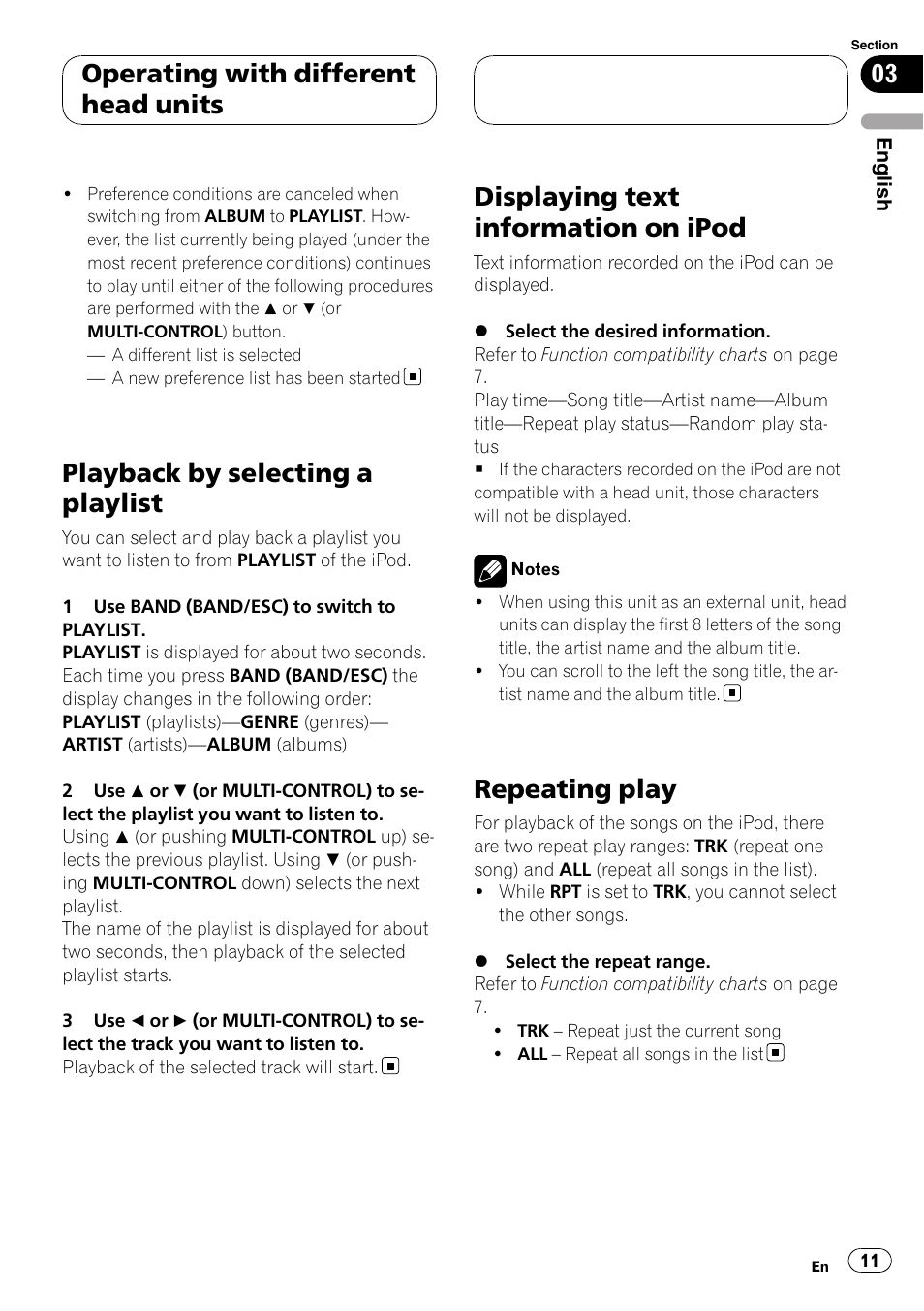 Playback by selecting a playlist, Displaying text information on ipod, Repeating play | Operating with different head units | Pioneer CD-IB100II User Manual | Page 11 / 84