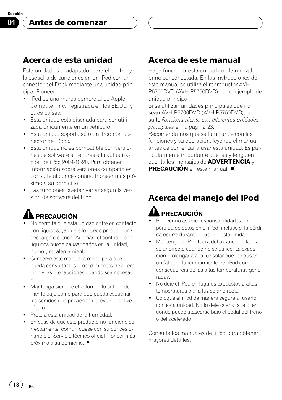 Antes de comenzar, Acerca de esta unidad, Acerca de este manual | Acerca del manejo del ipod | Pioneer CD-IB100II User Manual | Page 18 / 84