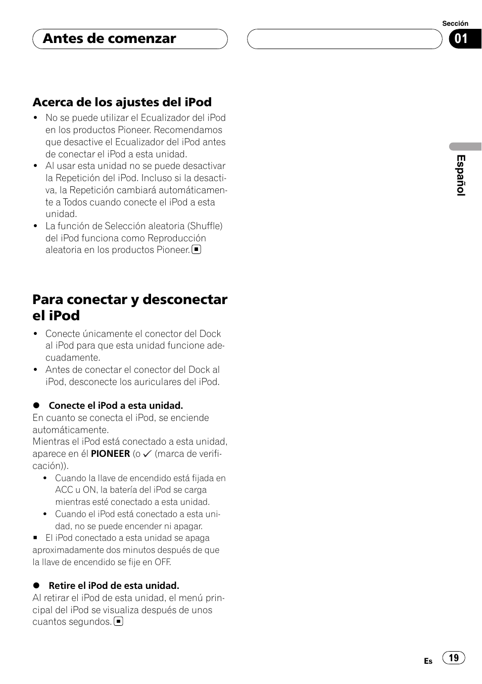 Acerca de los ajustes del ipod 19, Para conectar y desconectar el ipod, Antes de comenzar | Pioneer CD-IB100II User Manual | Page 19 / 84