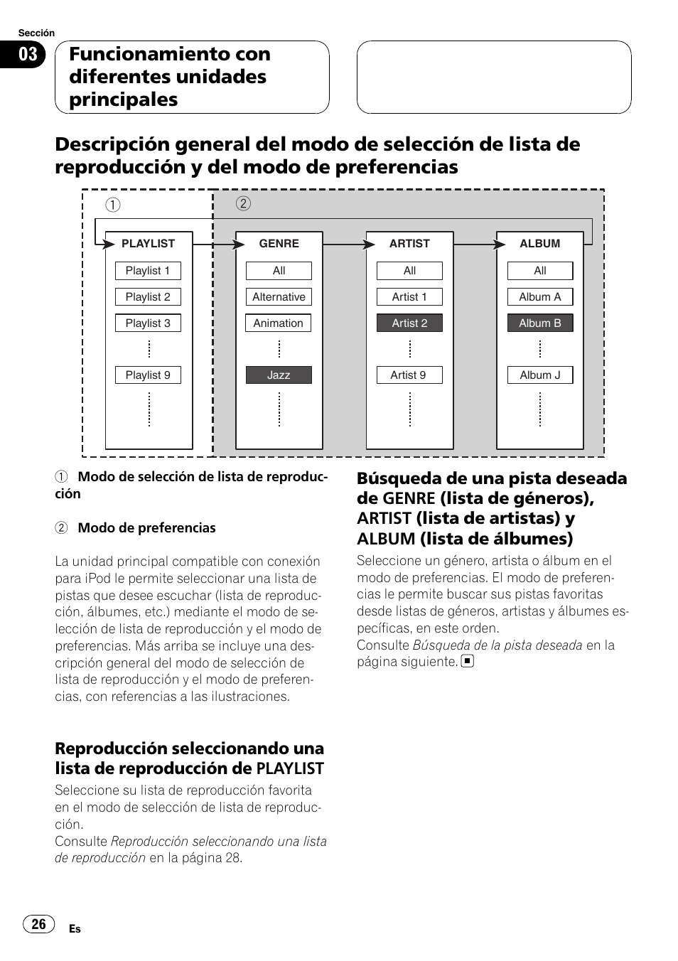Descripción general del modo de selección, Reproducción seleccionando una lista, De reproducción de playlist | Búsqueda de una pista deseada de, Funcionamiento con diferentes unidades principales | Pioneer CD-IB100II User Manual | Page 26 / 84