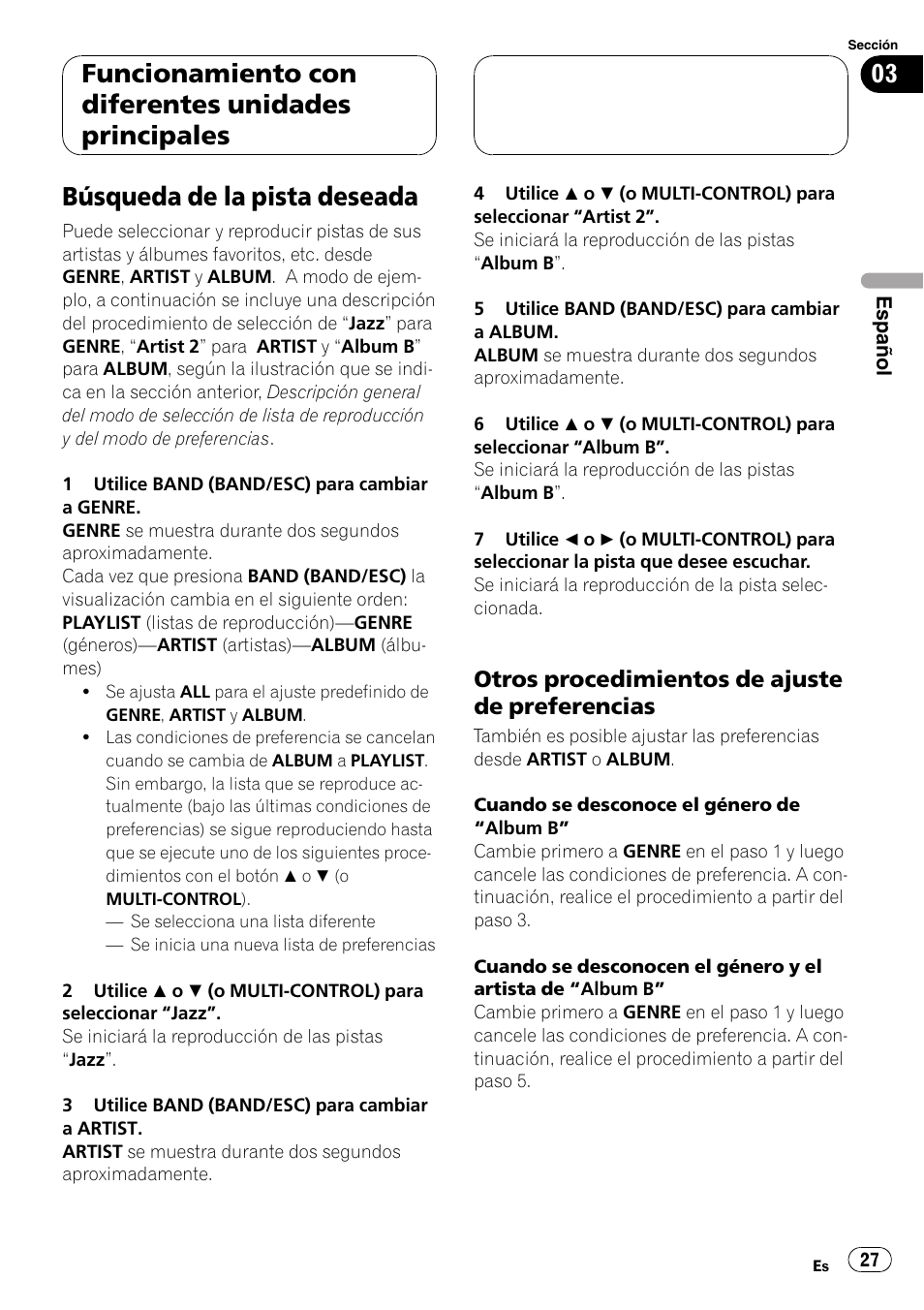 Búsqueda de la pista deseada, Otros procedimientos de ajuste de, Preferencias | Funcionamiento con diferentes unidades principales, Otros procedimientos de ajuste de preferencias | Pioneer CD-IB100II User Manual | Page 27 / 84