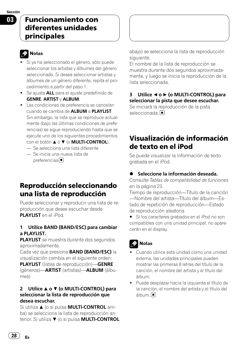 Reproducción seleccionando una lista de, Reproducción, Visualización de información de texto en el | Ipod, Visualización de información de texto en el ipod, Funcionamiento con diferentes unidades principales | Pioneer CD-IB100II User Manual | Page 28 / 84