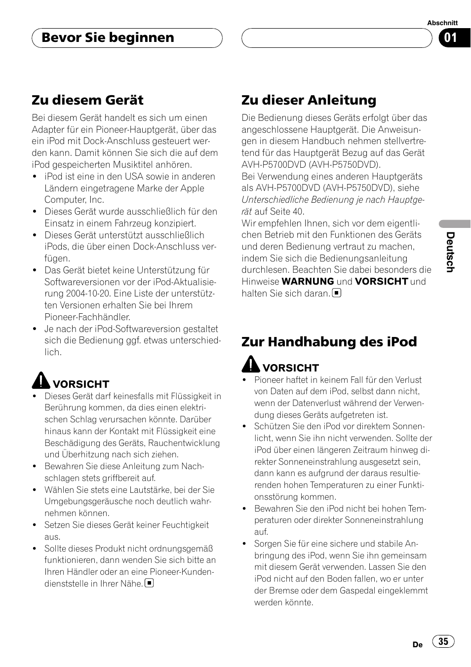 Bevor sie beginnen, Zu diesem gerät, Zu dieser anleitung | Zur handhabung des ipod | Pioneer CD-IB100II User Manual | Page 35 / 84