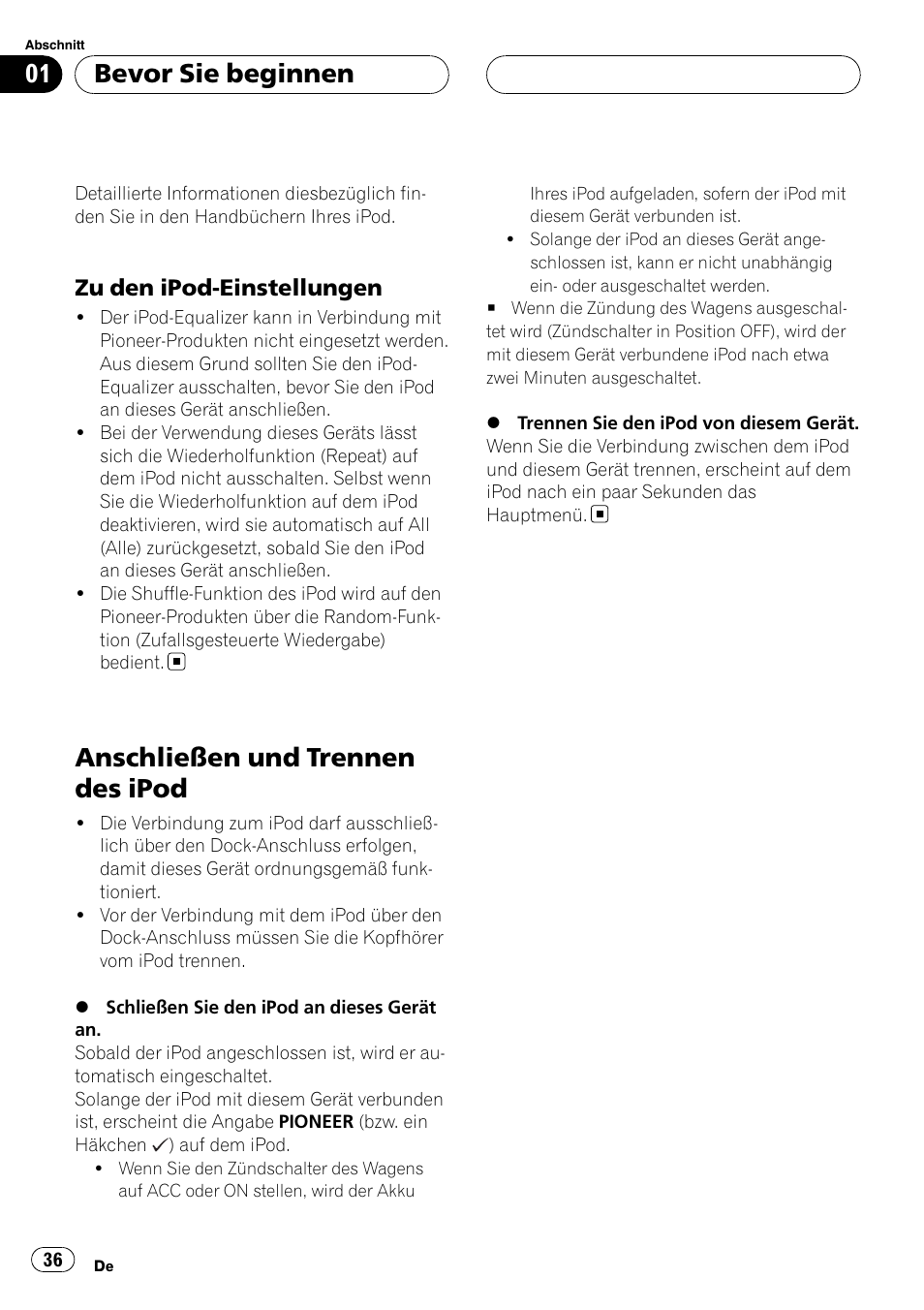 Zu den ipod-einstellungen 36, Anschließen und trennen des ipod, Bevor sie beginnen | Zu den ipod-einstellungen | Pioneer CD-IB100II User Manual | Page 36 / 84