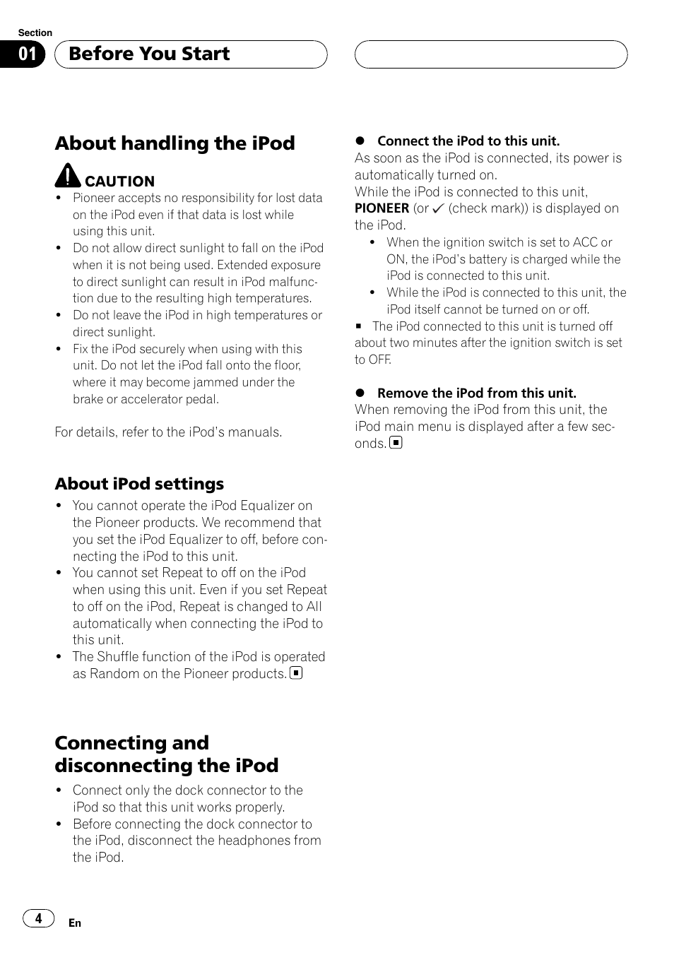 About handling the ipod, About ipod settings 4, Connecting and disconnecting the ipod | Before you start, About ipod settings | Pioneer CD-IB100II User Manual | Page 4 / 84