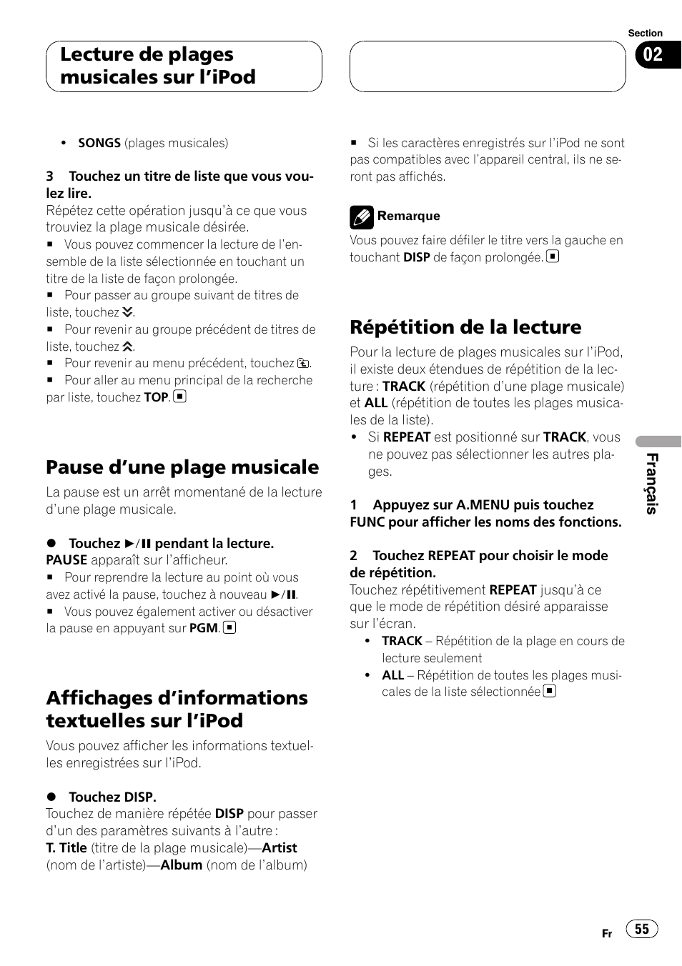 Pause d, Une plage musicale 55, Affichages d | Informations textuelles sur, Ipod 55, Répétition de la lecture, Pause d ’une plage musicale, Affichages d ’informations textuelles sur l ’ipod, Lecture de plages musicales sur l ’ipod | Pioneer CD-IB100II User Manual | Page 55 / 84