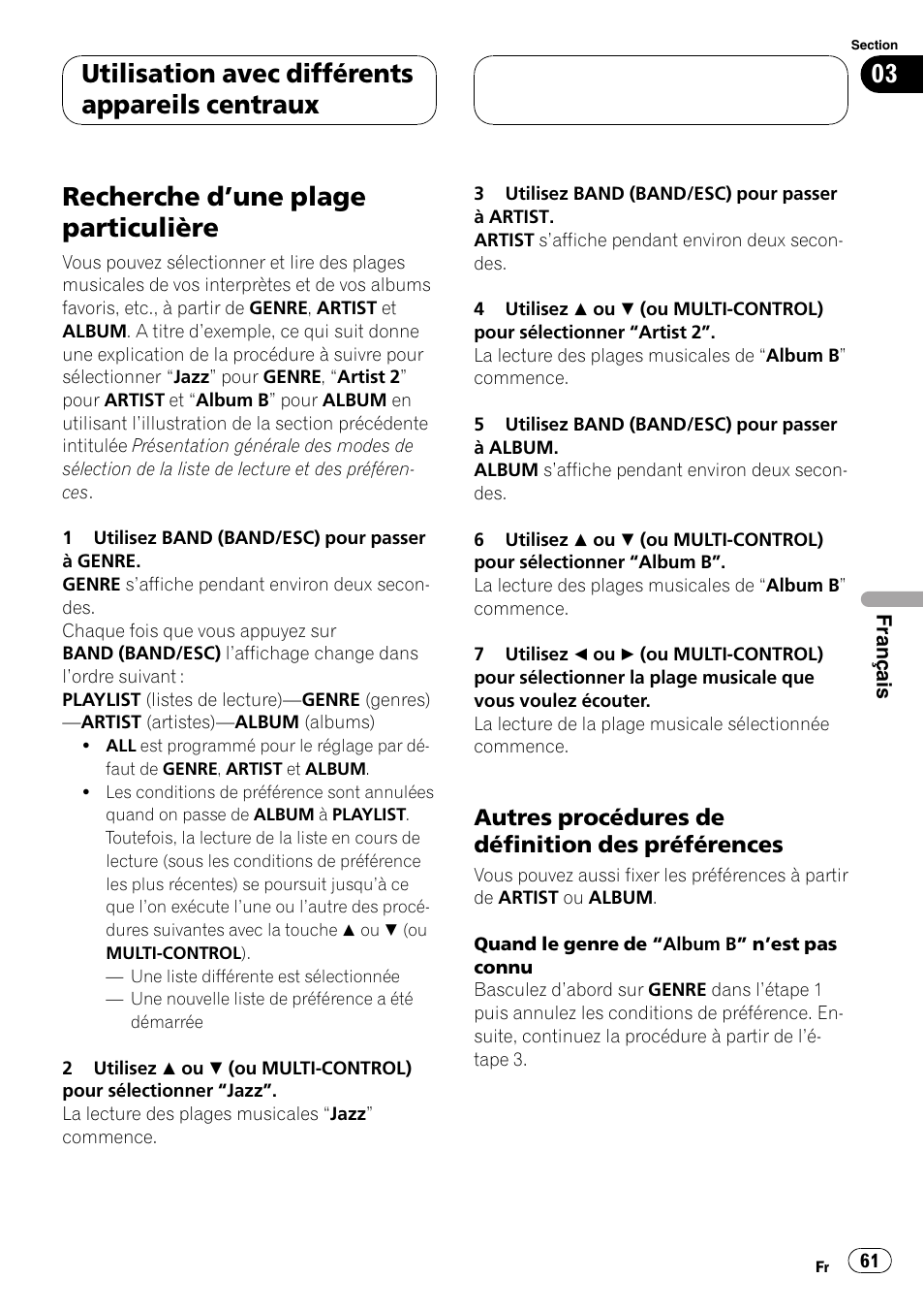 Recherche d, Une plage particulière 61, Autres procédures de définition des | Préférences, Une plage particulière, Recherche d ’une plage particulière, Utilisation avec différents appareils centraux, Autres procédures de définition des préférences | Pioneer CD-IB100II User Manual | Page 61 / 84