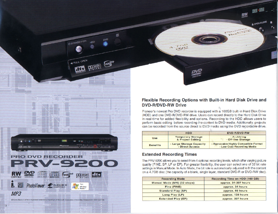 R photoviewer, Extended recording times, F=>ro dvd recoftder | Pioneer Pro DVD Recorder PRV-9200 User Manual | Page 4 / 8