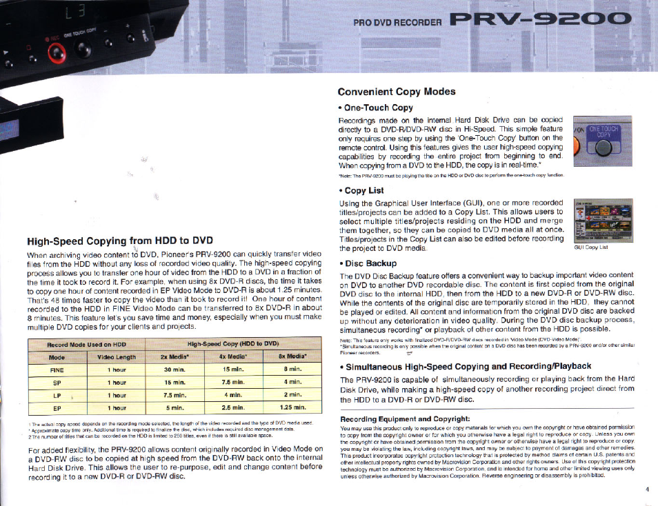 High-speed copying from hdd to dvd, Convenient copy modes | Pioneer Pro DVD Recorder PRV-9200 User Manual | Page 5 / 8