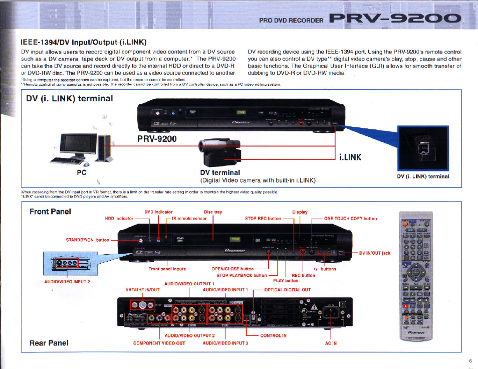 Ieee-1394/dv input/output (i.link), Dv (i. link) terminal, Prv-9200 | Dv terminal, Front panel, Rear panel | Pioneer Pro DVD Recorder PRV-9200 User Manual | Page 7 / 8