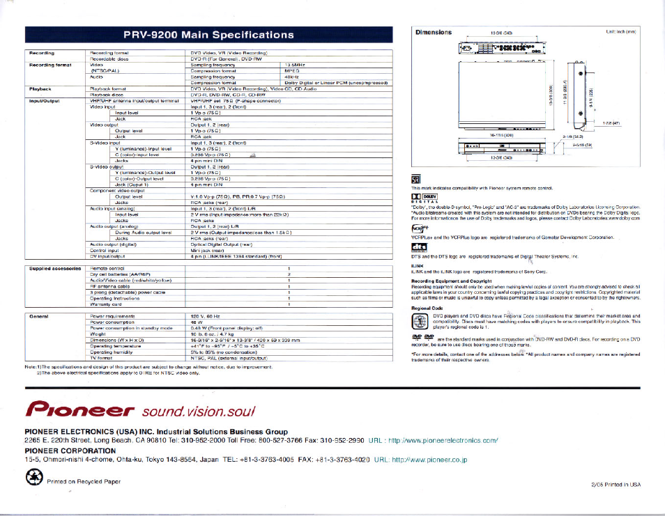 Prv-9200 main specifications, Sound, vision. sou i | Pioneer Pro DVD Recorder PRV-9200 User Manual | Page 8 / 8