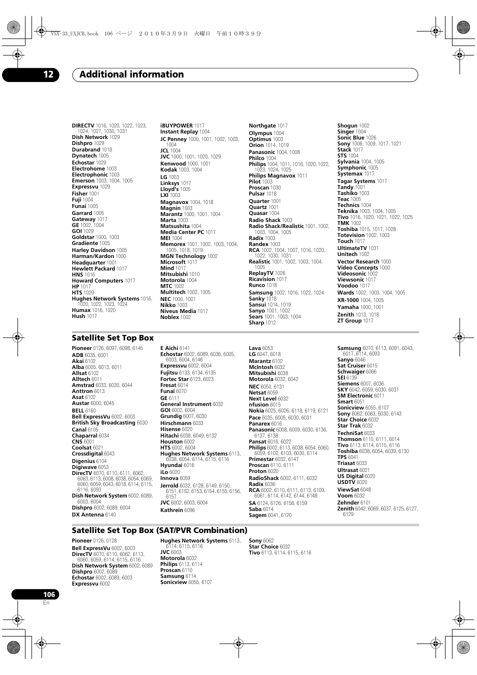 Satellite set top box, Satellite set top box (sat/pvr combination), Additional information 12 | Pioneer Elite VSX-33 User Manual | Page 106 / 112