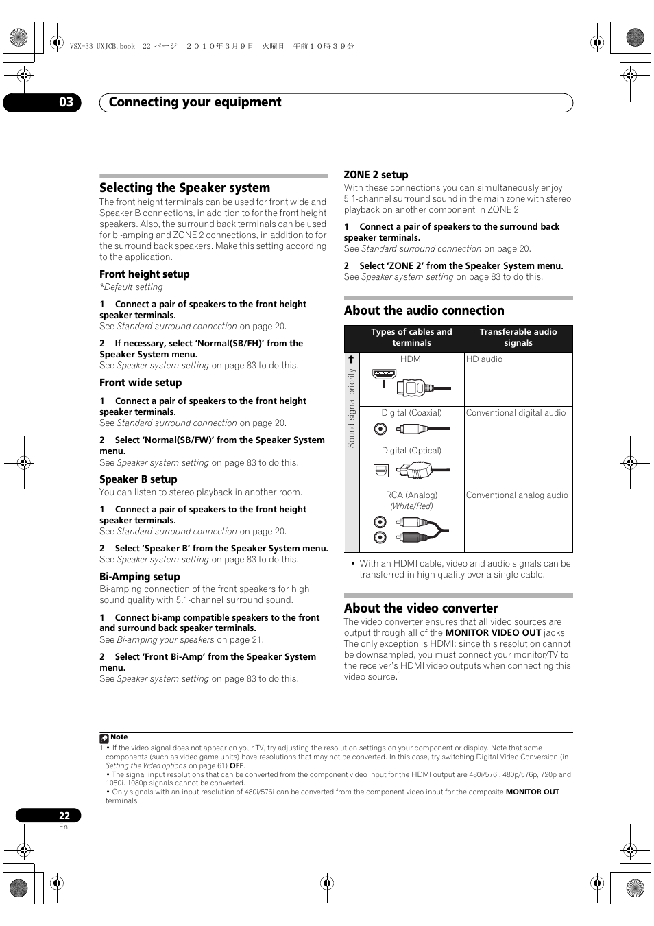 Selecting the speaker system, Front height setup, Front wide setup | Speaker b setup, Bi-amping setup, Zone 2 setup, About the audio connection, About the video converter, Connecting your equipment 03 | Pioneer Elite VSX-33 User Manual | Page 22 / 112