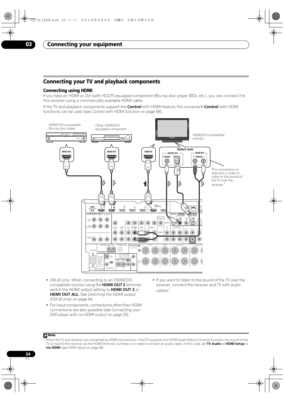 Connecting your tv and playback components, Connecting using hdmi, Connecting your equipment 03 | Pioneer Elite VSX-33 User Manual | Page 24 / 112