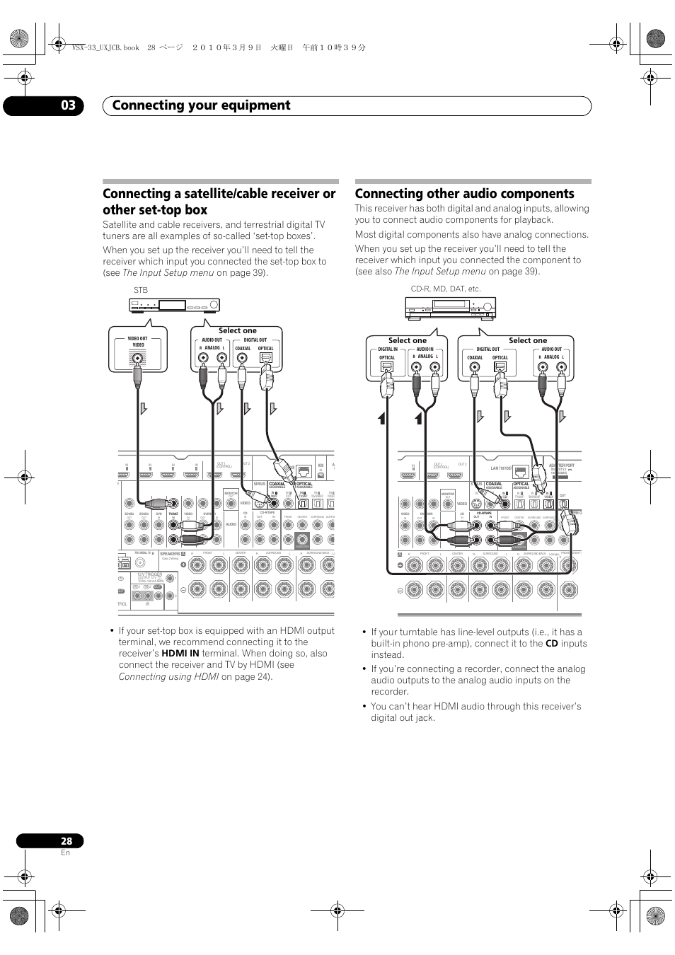 Connecting other audio components, Connecting your equipment 03, Stb select one | Pioneer Elite VSX-33 User Manual | Page 28 / 112