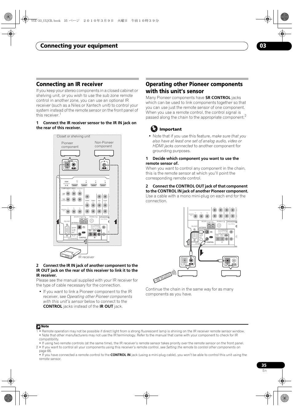 Connecting an ir receiver, Connecting your equipment 03, Vsx-33_uxjcb.book 35 ページ ２０１０年３月９日 火曜日 午前１０時３９分 | Pioneer Elite VSX-33 User Manual | Page 35 / 112