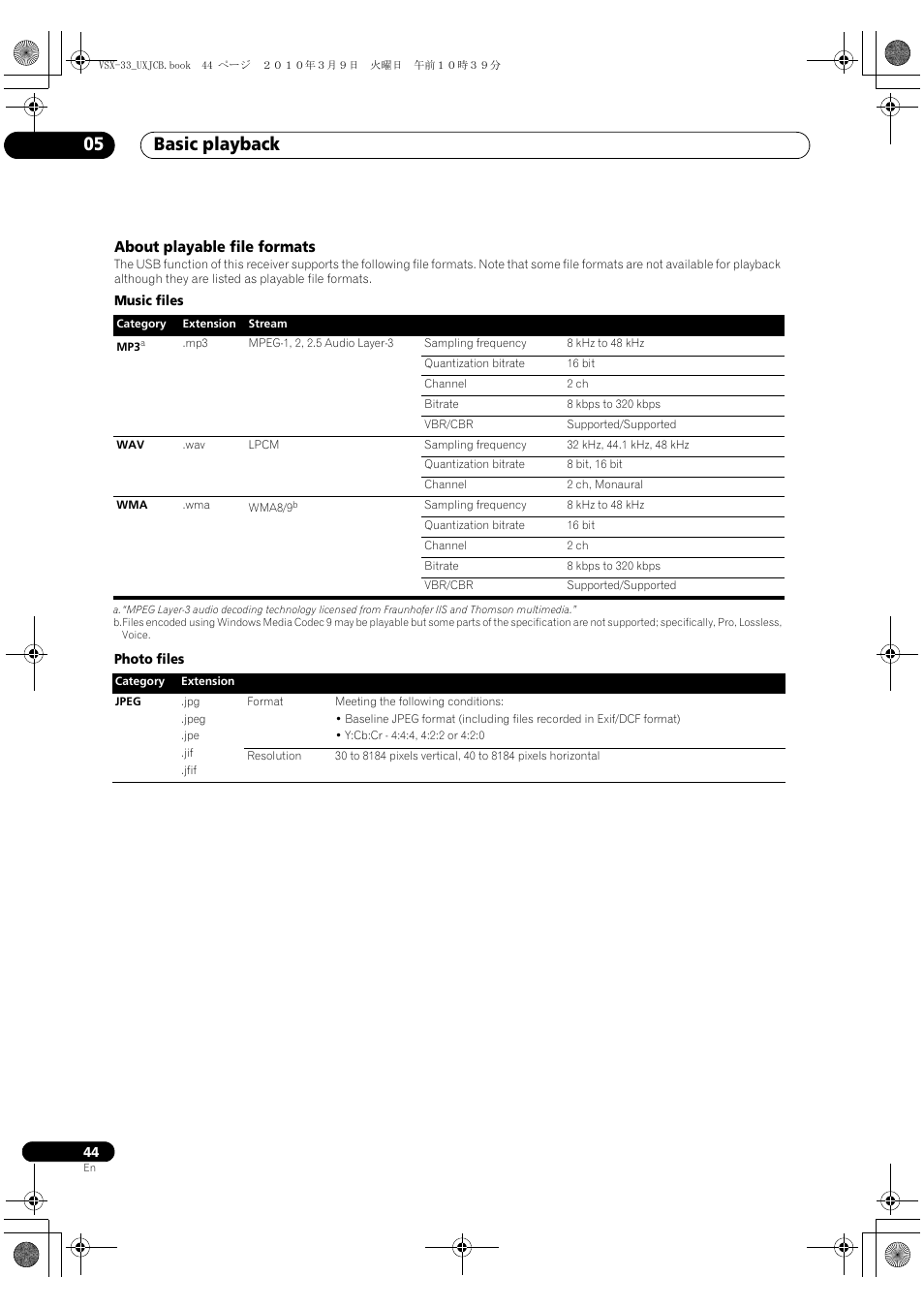 About playable file formats, Basic playback 05 | Pioneer Elite VSX-33 User Manual | Page 44 / 112