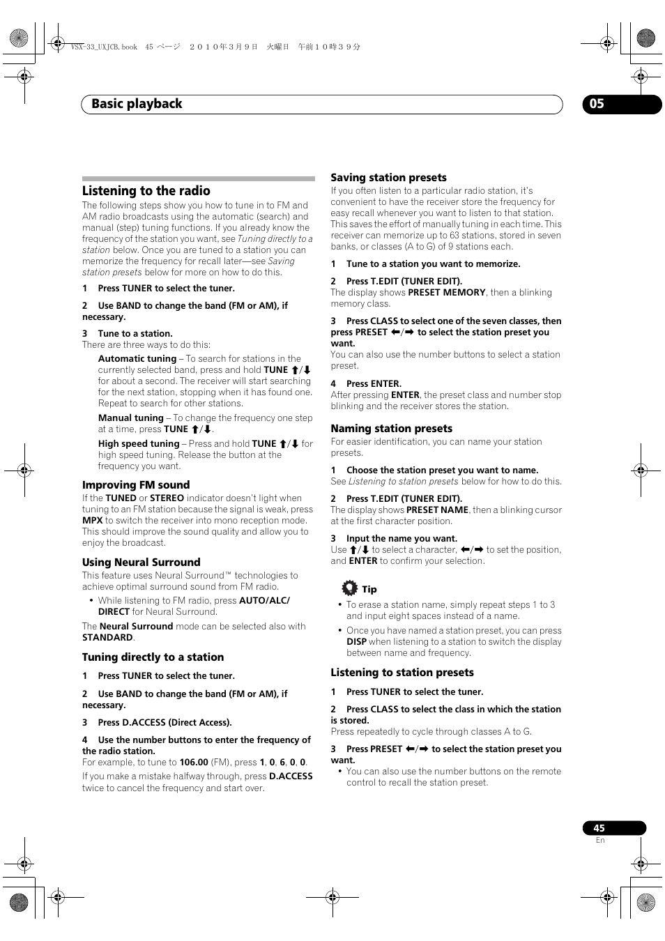 Listening to the radio, Improving fm sound, Using neural surround | Tuning directly to a station, Saving station presets, Naming station presets, Listening to station presets, Basic playback 05 | Pioneer Elite VSX-33 User Manual | Page 45 / 112