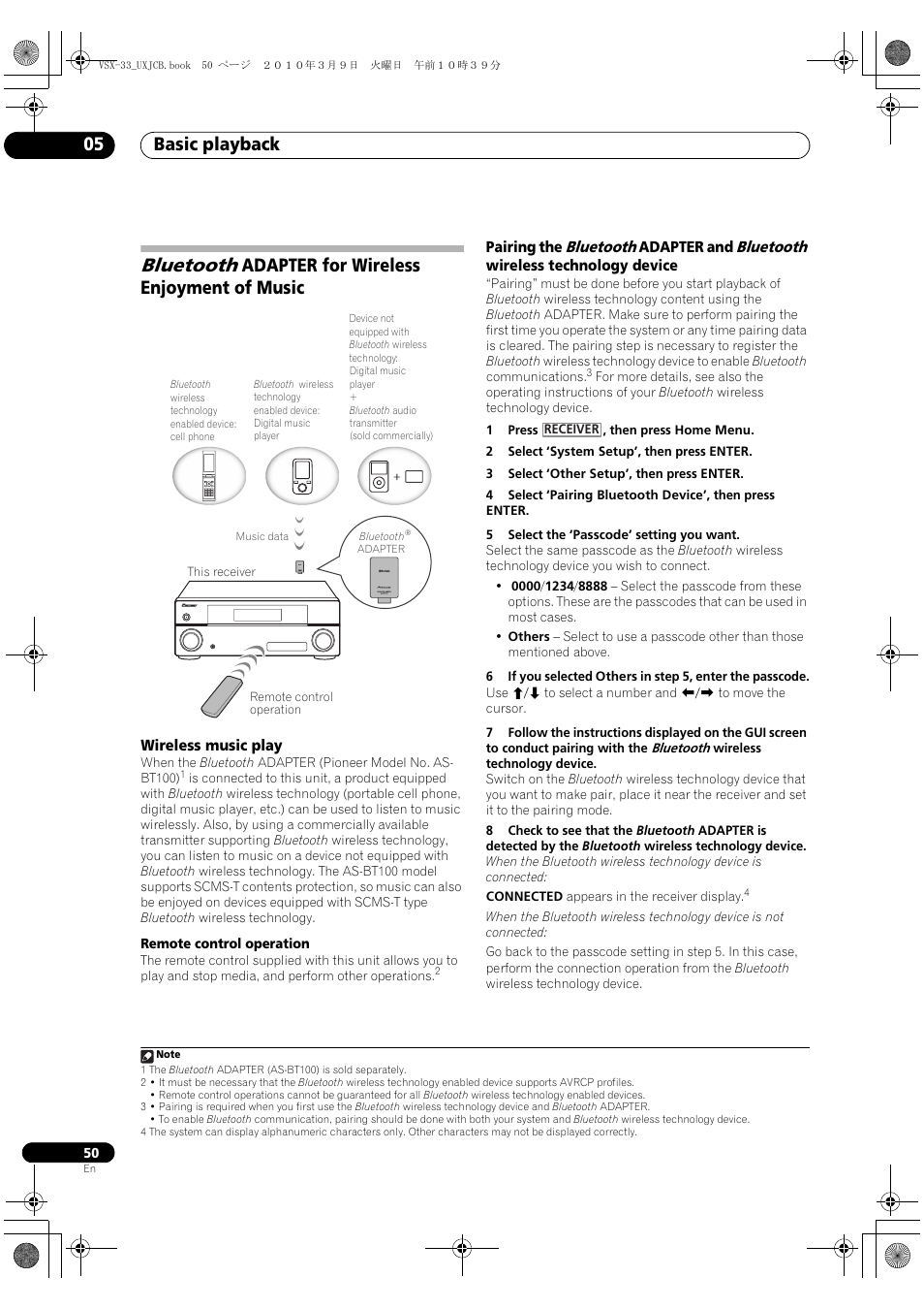 Bluetooth adapter for wireless enjoyment of music, Wireless music play, Bluetooth | Basic playback 05, Adapter for wireless enjoyment of music | Pioneer Elite VSX-33 User Manual | Page 50 / 112