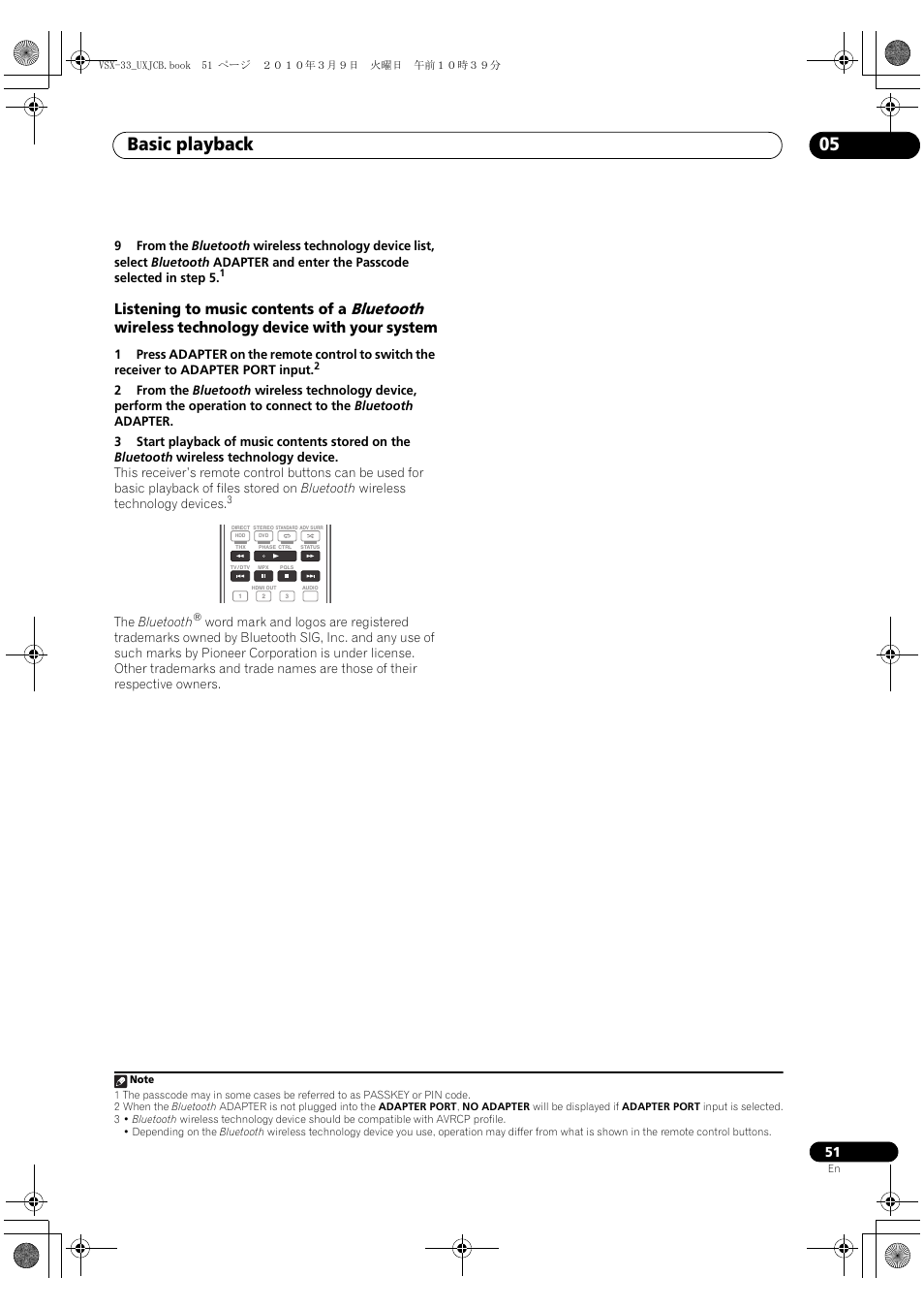 Basic playback 05, Bluetooth, Listening to music contents of a | Wireless technology device with your system | Pioneer Elite VSX-33 User Manual | Page 51 / 112