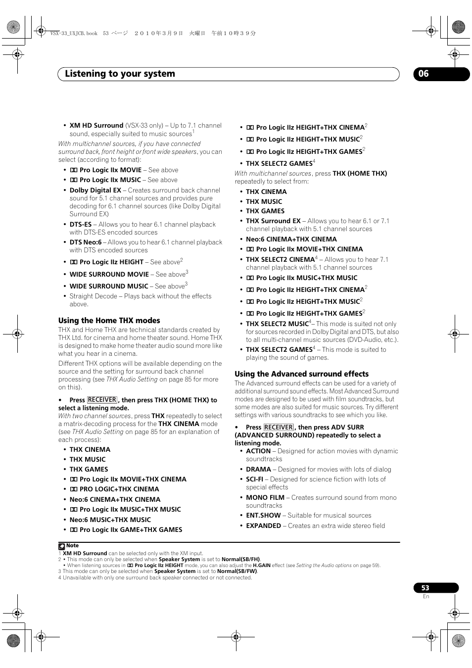 Using the home thx modes, Using the advanced surround effects, Listening to your system 06 | Pioneer Elite VSX-33 User Manual | Page 53 / 112