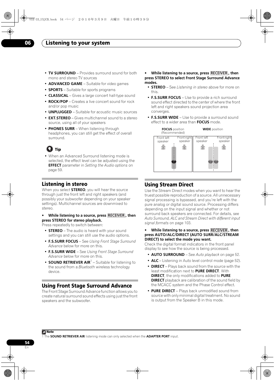 Listening in stereo, Using front stage surround advance, Using stream direct | Listening to your system 06 | Pioneer Elite VSX-33 User Manual | Page 54 / 112