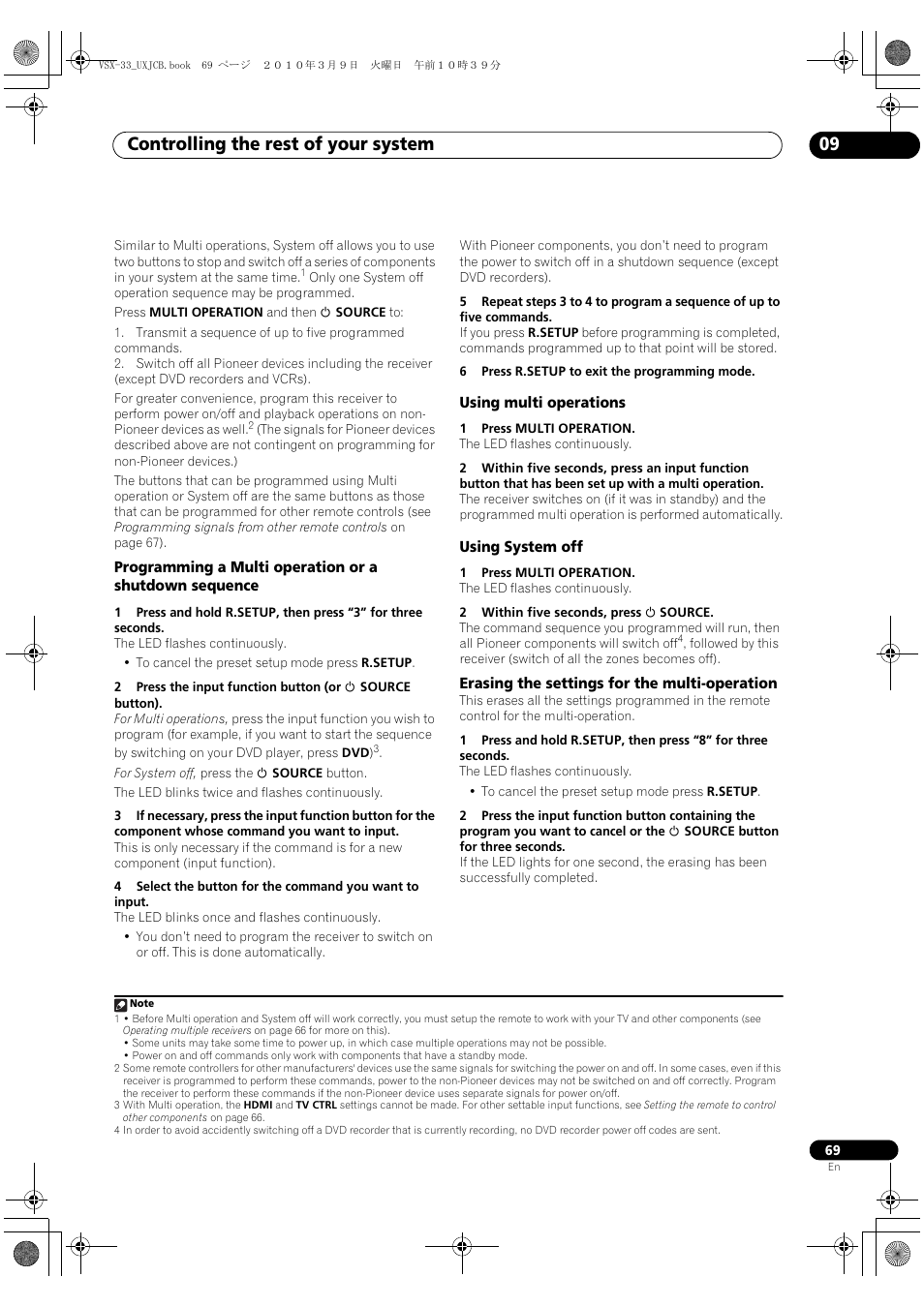 Using multi operations, Using system off, Erasing the settings for the multi-operation | Controlling the rest of your system 09 | Pioneer Elite VSX-33 User Manual | Page 69 / 112