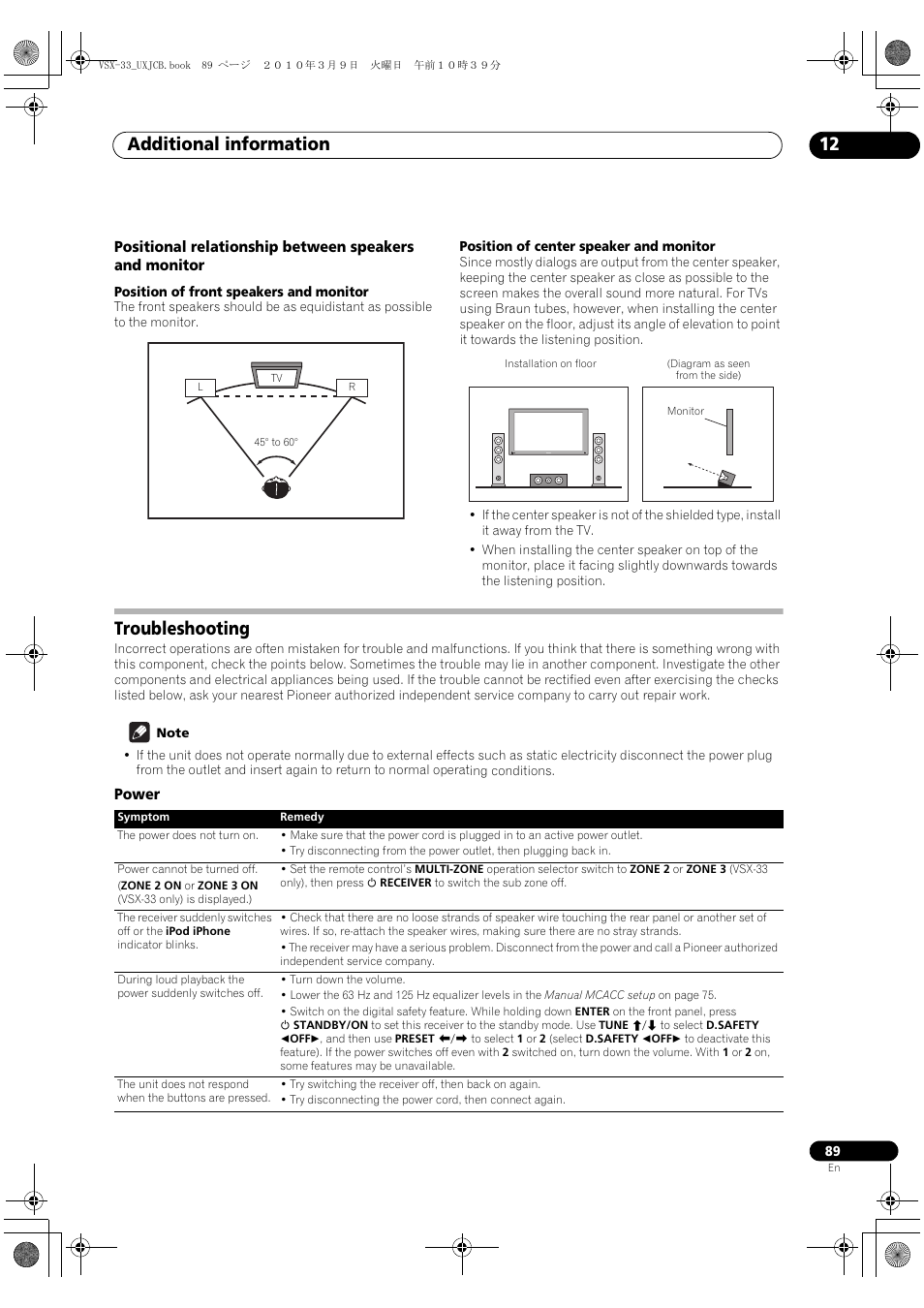 Troubleshooting, Power, Additional information 12 | Pioneer Elite VSX-33 User Manual | Page 89 / 112