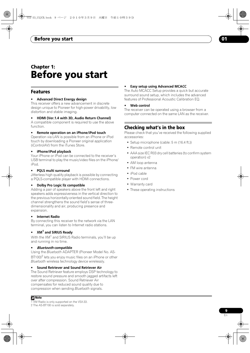 Before you start, Features, Checking what’s in the box | 01 before you start, Features checking what’s in the box, Before you start 01, Chapter 1 | Pioneer Elite VSX-33 User Manual | Page 9 / 112