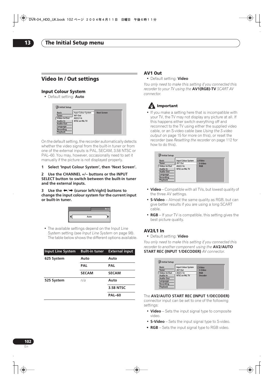 Video in / out settings, The initial setup menu 13 | Pioneer DVR-720H User Manual | Page 102 / 128