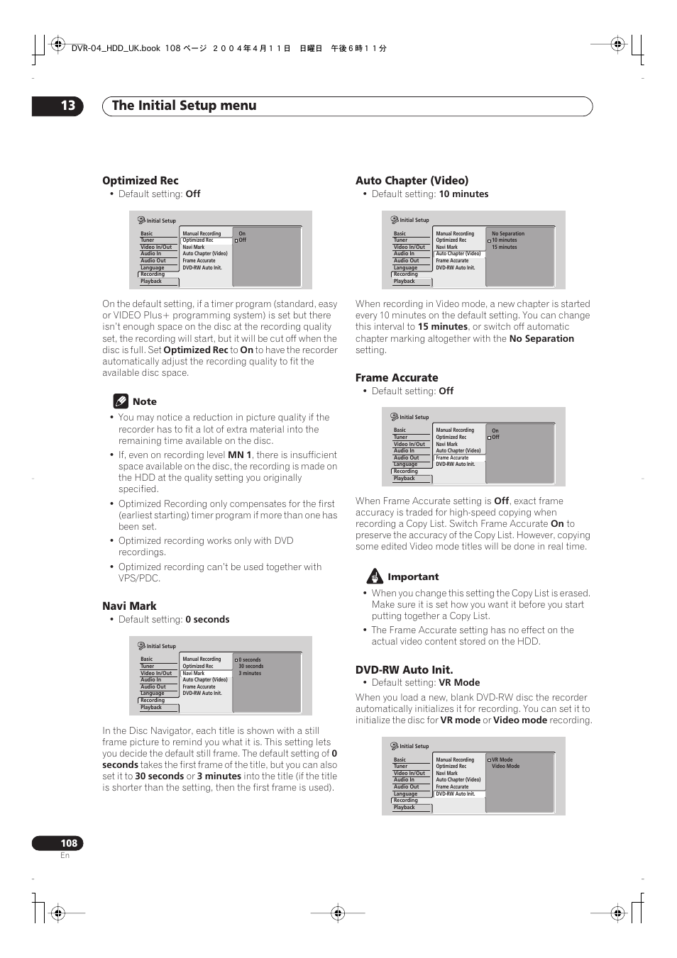 The initial setup menu 13 | Pioneer DVR-720H User Manual | Page 108 / 128