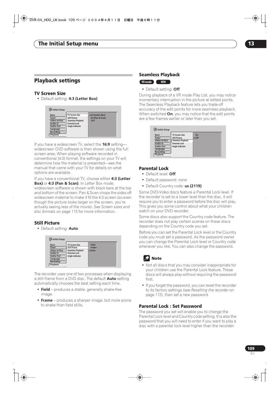 Playback settings, The initial setup menu 13 | Pioneer DVR-720H User Manual | Page 109 / 128