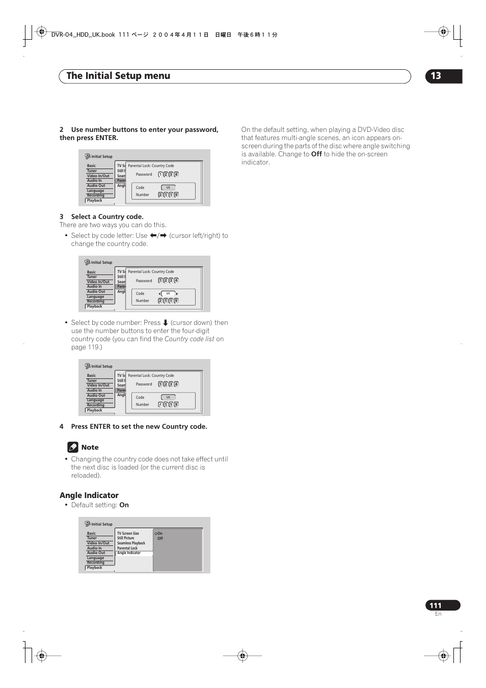 The initial setup menu 13, Angle indicator | Pioneer DVR-720H User Manual | Page 111 / 128
